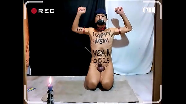 naked pathetic slave HAPPY NEW YEAR 2025 greetings as body writing for party, BDSM CBT
