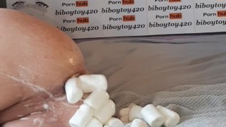 Anal Twink insert 24+ large Marshmallow up his ass till creamy huge anal prolapse.