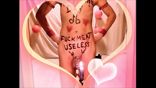 naked pathetic slave in penis cage welcome VALENTINE party guests with candle in urethra