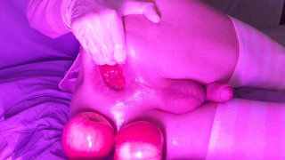 Sissy femboy fisting and gape, 2 juicy apples in my lubed open asshole