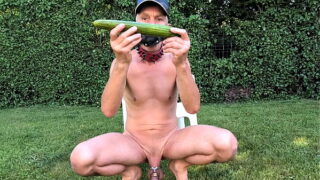 naked pathetic slave outdoor in penis cage cucumber fuck, watch how dildo in gay ass bulge my belly button, cmnm