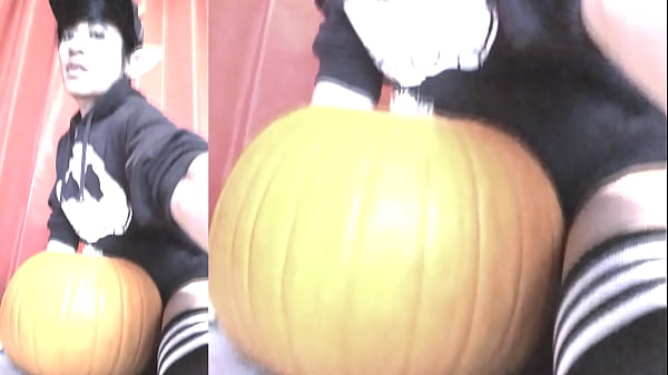 SFW Jon Arteen sexy twink emo femboy carves a Halloween pumpkin in his underwear Jack-o’-Lantern