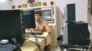 Handsome, bearded, muscular straight man jerking off his thick cock watching HD porn
