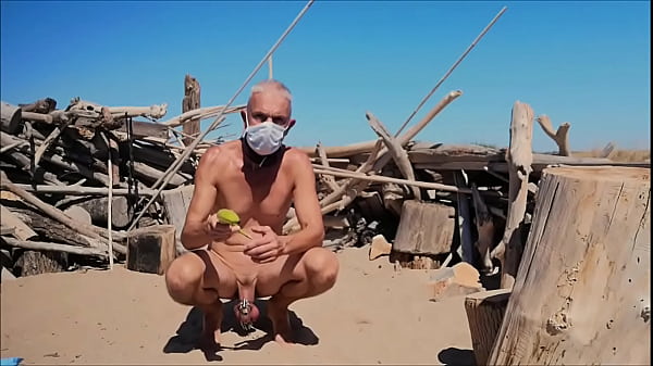 naked pathetic white slave in penis cage at the gay beach banana cucumber fuck, CMNM