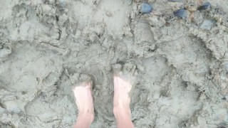 Stepping in mud barefoot – dirty feet and jerk off and stepping on own cum at the end