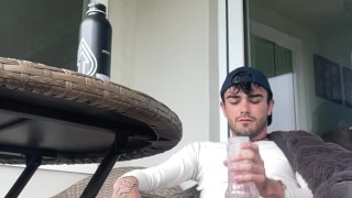 Dirty ripe college boy wanking dick on balcony